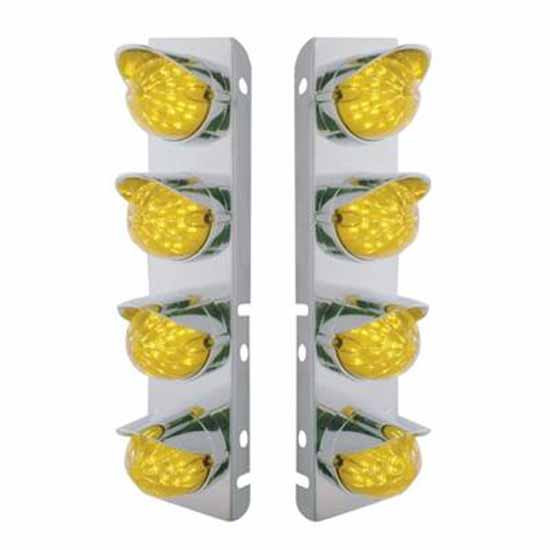 SS Front Air Cleaner Bracket W/ 8X 19 LED Bullet Style Lights & Visors - Amber Led/ Amber Lens - Pair For Peterbilt 378, 379