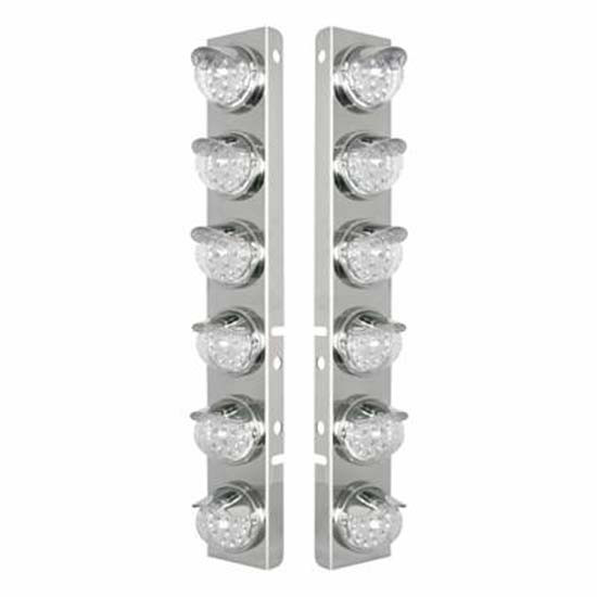 SS Front Air Cleaner Bracket W/ 12X 17 LED Reflector Lights & SS Visors - Amber Led/ Clear Lens - Pair For Peterbilt 378, 379