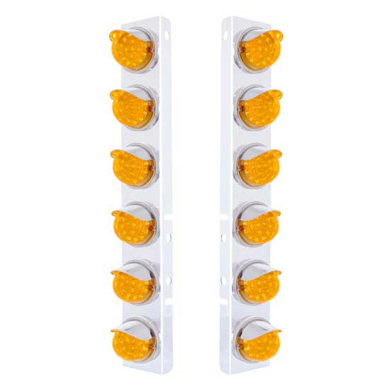 SS Front Air Cleaner Bracket W/ 12X 17 LED Dual Function Reflector Lights & SS Visors - Amber Led/ Amber Lens - Pair For Peterbilt 378, 379