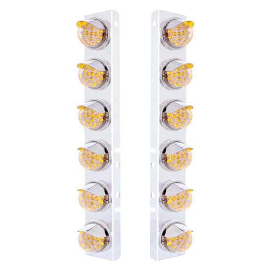 SS Front Air Cleaner Bracket W/ 12X 17 LED Dual Function Reflector Lights & SS Visors - Amber Led/ Clear Lens - Pair For Peterbilt 378, 379