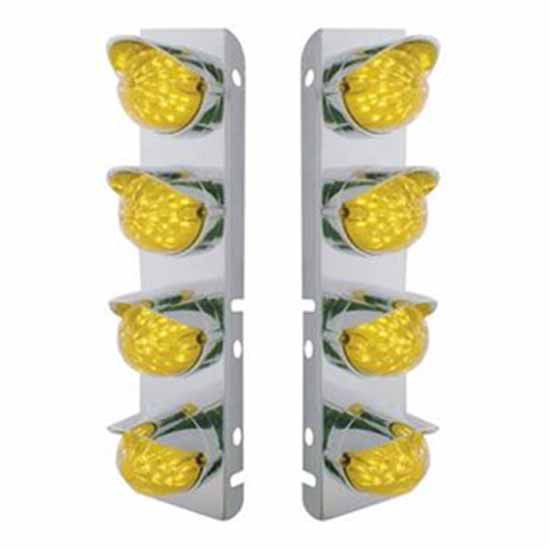 SS Front Air Cleaner Bracket W/ 8X 17 LED Watermelon Lights & SS Visors - Amber Led/ Amber Lens - Pair For Peterbilt 378, 379