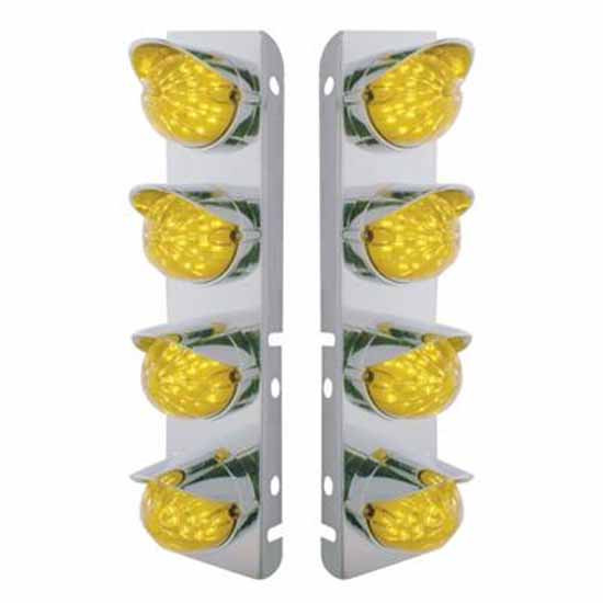 SS Front Air Cleaner Bracket W/ 8X 17 LED Dual Function Reflector Lights & SS Visors - Amber Led/ Amber Lens - Pair For Peterbilt 378, 379