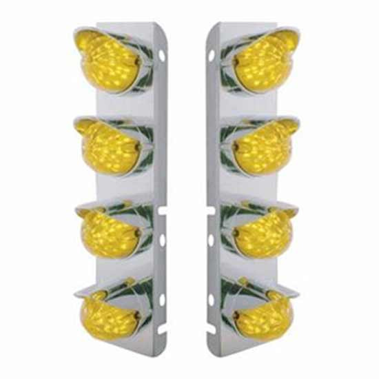 SS Front Air Cleaner Bracket W/ 8X 17 LED Dual Function Watermelon Lights & SS Visors - Amber Led/ Amber Lens - Pair For Peterbilt 378, 379