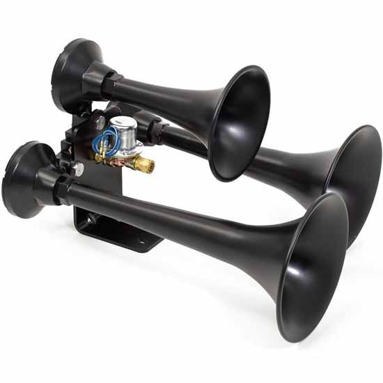 HornBlasters Outlaw Black Train Horn W/ 3 Metal Alloy Bells, 20.5 Ft. 1/2 Inch Air Line, 12-24 Volt Air Valve