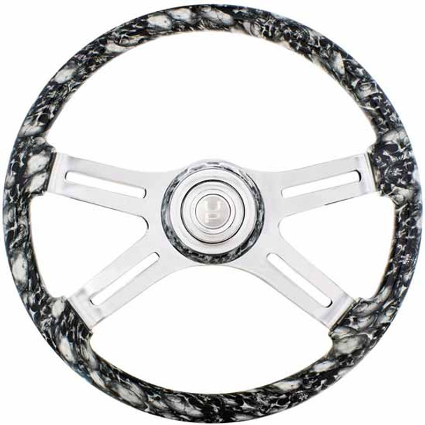 18 Inch Chrome 4 Slot Spoke White Skull Steering Wheel With Matching Bezel, Chrome Horn Button 18 Inch Chrome 4 Slot Spoke White Skull Steering Wheel With Matching Bezel, Chrome Horn Button