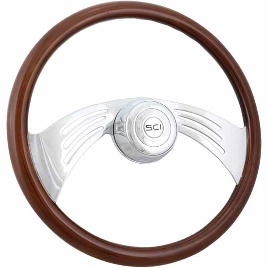 18 Inch Mahogany Steering Wheel W/ Wood Rim, 2 Chrome Spoke, Bezel & SCI Horn Button