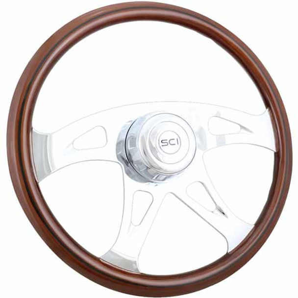 18 Inch Milestone Steering Wheel - 4 Spokes, Mahogany Wood/Black Leather Rim For 3 Hole Hub 18 Inch Milestone Steering Wheel - 4 Spokes, Mahogany Wood/Black Leather Rim For 3 Hole Hub