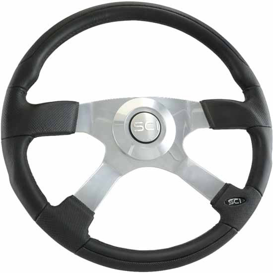 18 Inch Trucker Steering Wheel - Leather Rim W/ Burl Look Inserts, 4 Aluminum Spoke For 5 Hole Hub
