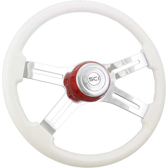 18 Inch Chrome 4 Spoke White Painted Steering Wheel With Viper Red Bezel