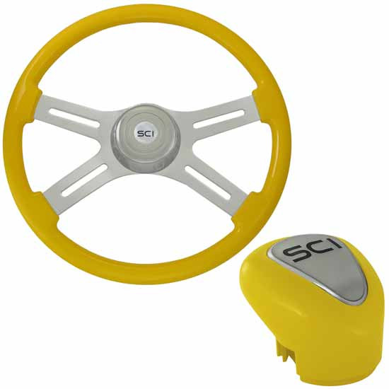 18 Inch Chrome 4 Spoke Yellow Steering Wheel & Shift Knob Kit