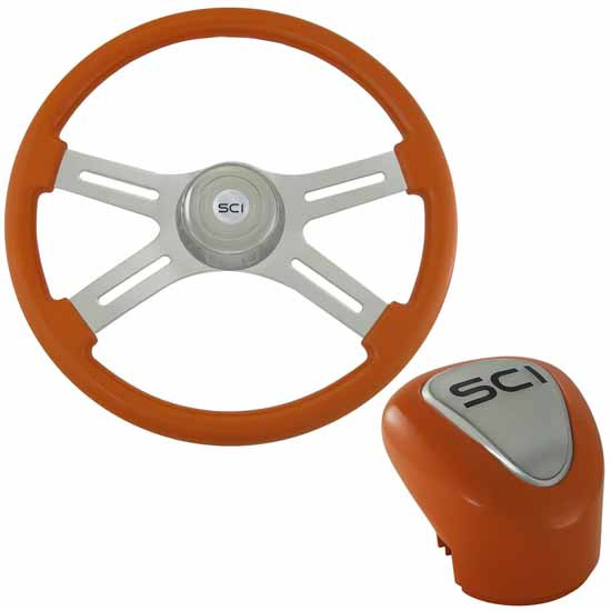 18 Inch Chrome 4 Spoke Orange Steering Wheel & Shift Knob Kit