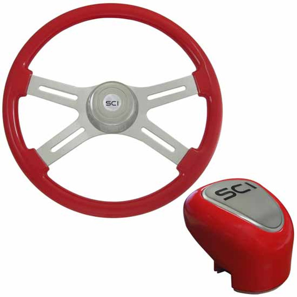 18 Inch Chrome 4 Spoke Red Steering Wheel & Shift Knob Kit