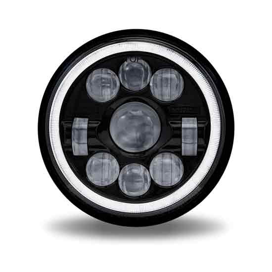 7 Inch Round Blackout LED Projection Headlight W/ White Auxiliary Angel Halo For Peterbilt 359, 378, 379, 388, 389