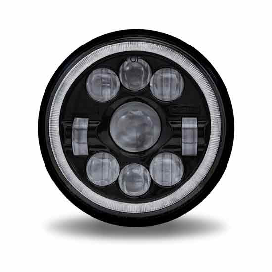 7 Inch Round Blackout LED Projection Headlight W/ White Auxiliary Angel Halo For Peterbilt 359, 378, 379, 388, 389