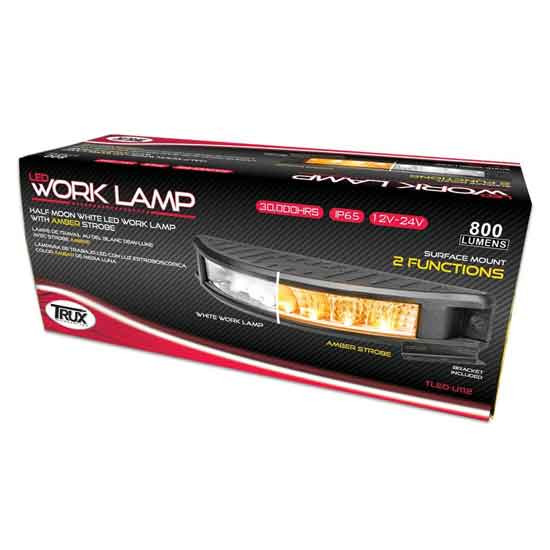 7 Inch Half Moon 12 Diode LED Work Light W/ Amber Strobe & Clear Lens 800 Lumens