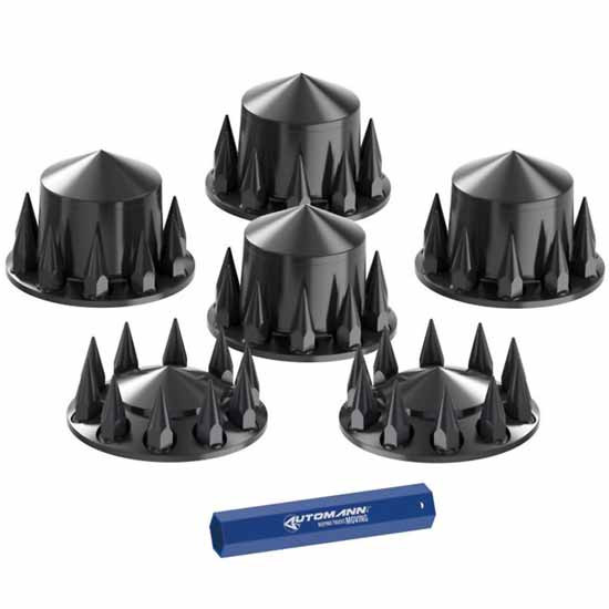 33MM Black Top Hat Kit With Pointed Caps & Nut Covers For 2 Steer & 4 Drive Wheels