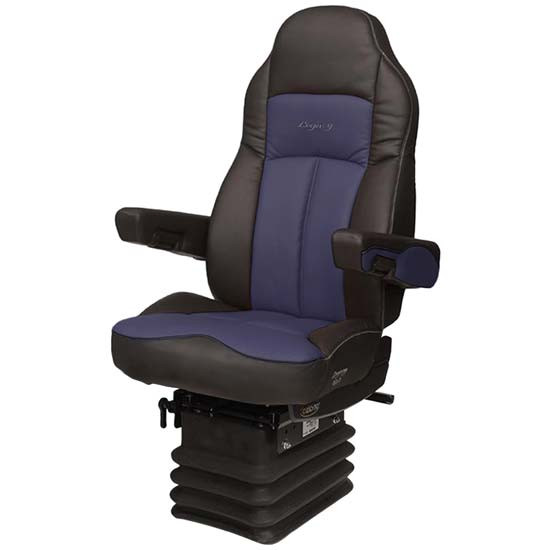 Seats Inc. Legacy Silver Seat W/ High Back, STD Base, Armrests, Bellows - DuraLeather Black / Blue