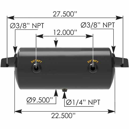 BESTfit Black Steel Air Tank  9.5 OD X 22.5 Inch - 3/4 Inch Ports & 1/4 Inch Drain For Trailer