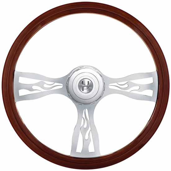 18 Inch Flame Style Wood Steering Wheel W/ Hub & Horn Button Kit For Peterbilt 2006 & Newer, Kenworth 2003 & Newer