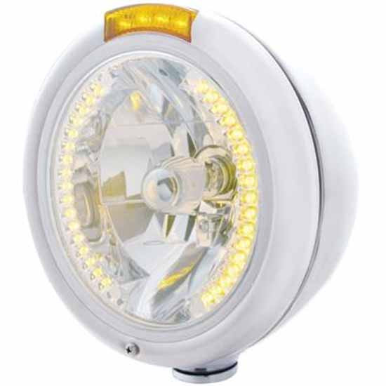 Chrome Classic PB Style Headlight W/ H4 Halogen Bulb, 34 Amber LED Position Light, Amber Turn Signal Light For Peterbilt, Freightliner, International & Mack