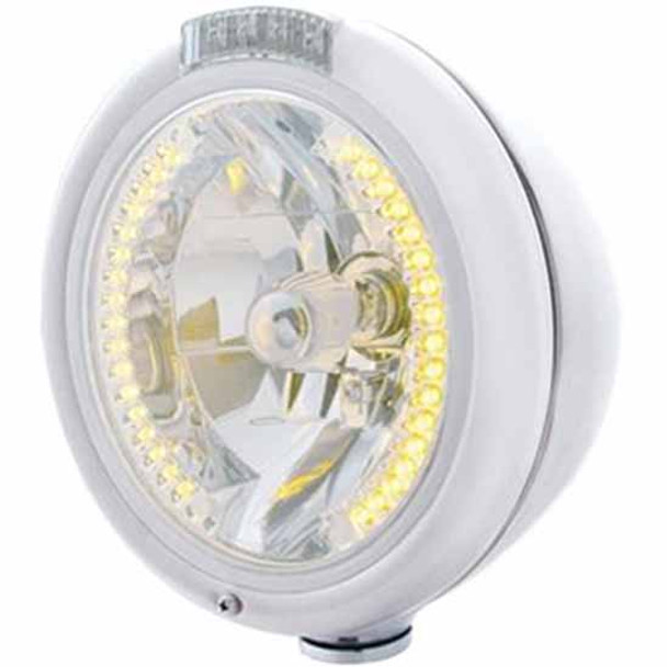 Chrome Classic PB Style Headlight W/ H4 Halogen Bulb, 34 Amber LED Position Light, Amber/Clear Turn Signal Light