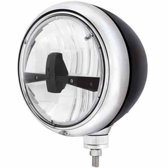 Black Guide Style Hot Rod Headlight With 5 Diode High Power LEDs, Black Accent Center Bar For Peterbilt, Freightliner, International & Mack