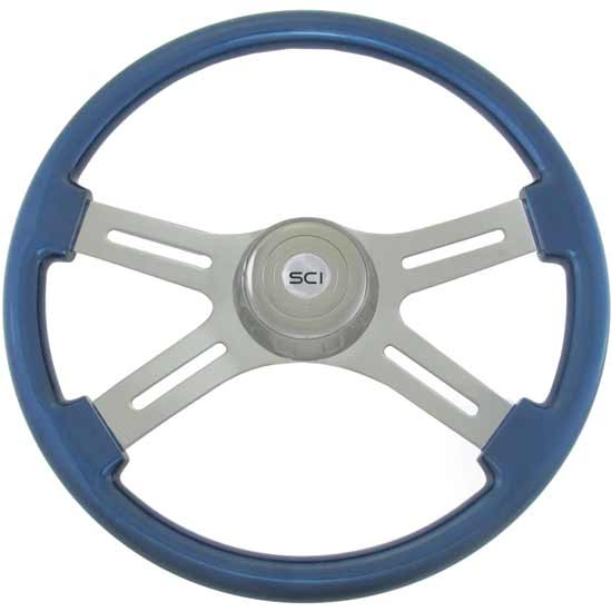 18 Inch Chrome 4 Spoke Painted Blue Wood Rim Classic Steering Wheel Kit With Chrome Bezel & Horn