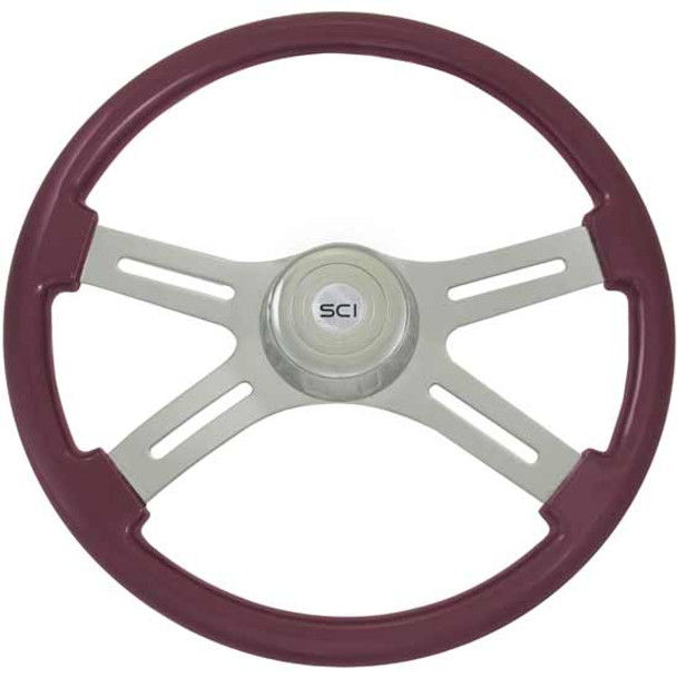 18 Inch Chrome 4 Spoke Purple Painted Wood Classic Steering Wheel Kit With Chrome Bezel & Horn