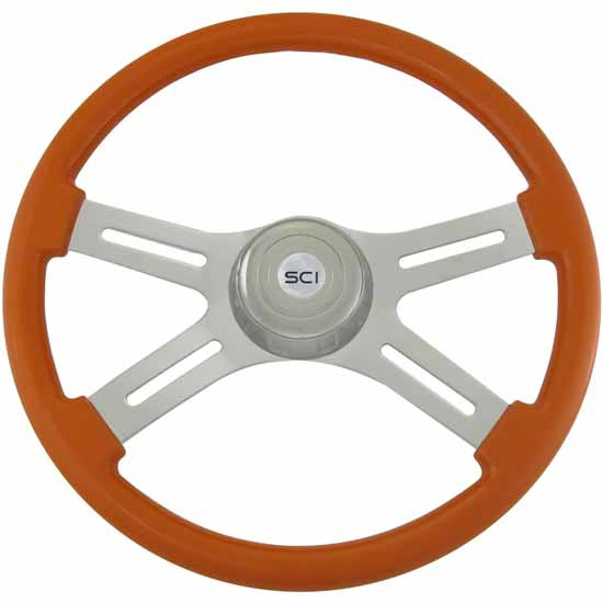18 Inch Chrome 4 Spoke Orange Painted Wood Classic Steering Wheel Kit With Chrome Bezel & Horn