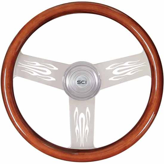 18 Inch Chrome 3 Spoke Mahogany Wood Steering Wheel Kit With Flame Cutouts, Chrome Bezel & Horn