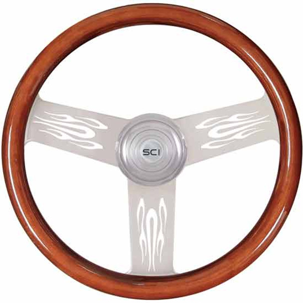 18 Inch Chrome 3 Spoke Mahogany Wood Steering Wheel Kit With Flame Cutouts, Chrome Bezel & Horn
