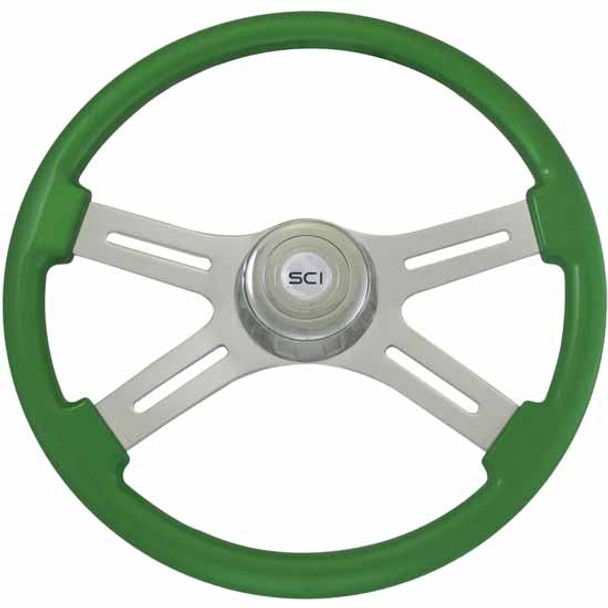 18 Inch Chrome 4 Spoke Green Painted Wood Classic Steering Wheel Kit With Chrome Bezel & Horn