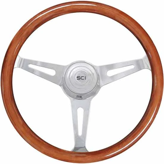 18 Inch Chrome 3 Spoke Mahogany Wood Dart Steering Wheel Kit With Chrome Bezel & Horn