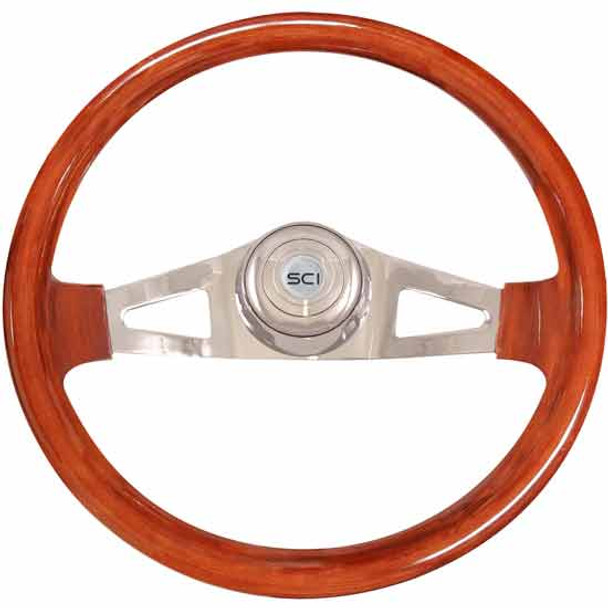 18 Inch Chrome 2 Spoke Pinion Mahogany Wood Steering Wheel Kit With Chrome Bezel & Horn