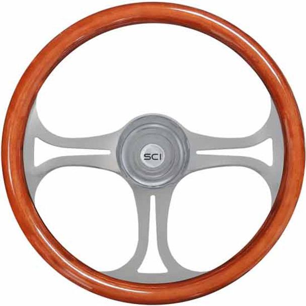 18 Inch Chrome 3 Spoke Wood Rim Saber Steering Wheel Kit With Chrome Bezel & Horn