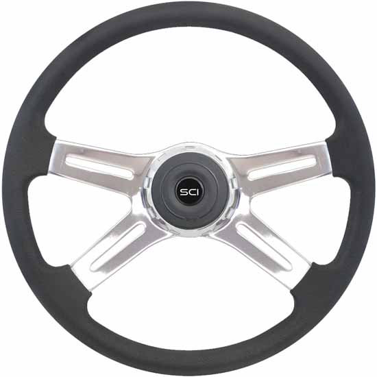 18 Inch Chrome 4 Spoke Black Poly Convoy Steering Wheel Kit With Chrome Bezel & Black Horn Pad