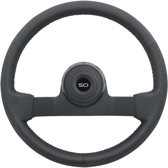 16 Inch Black Powder-Coated 2 Spoke Black Leather Steering Wheel Kit With Matching Bezel & Horn