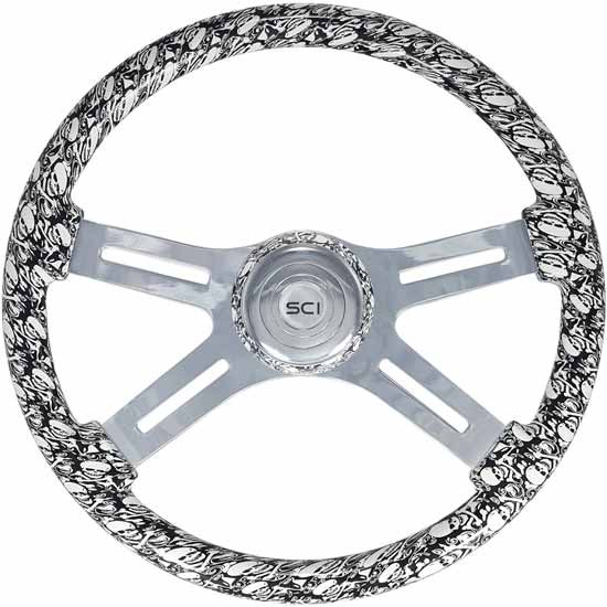 18 Inch Chrome 4 Spoke White Skull Printed Wood Steering Wheel Kit With Matching Bezel