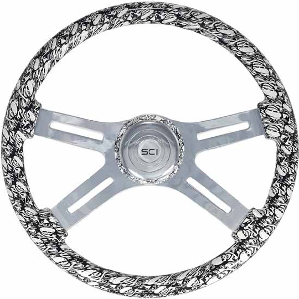 18 Inch Chrome 4 Spoke White Skull Printed Wood Steering Wheel Kit With Matching Bezel