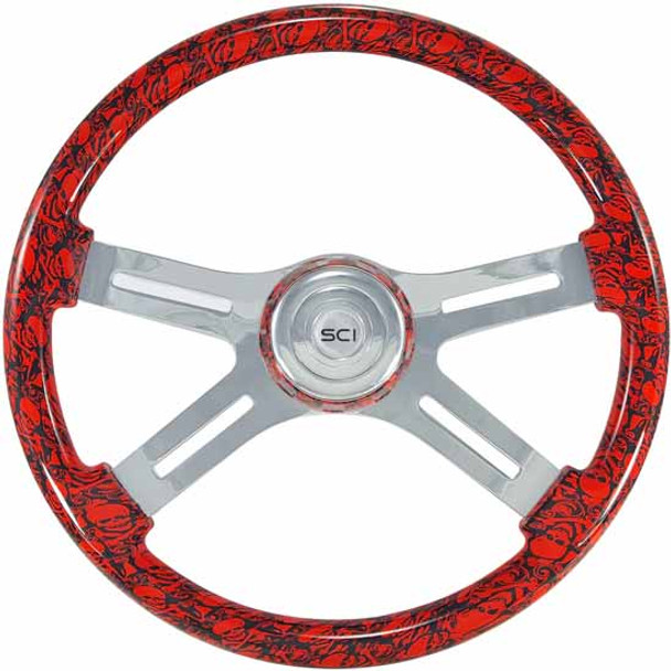 18 Inch Chrome 4 Spoke Red Skull Printed Wood Steering Wheel Kit With Matching Bezel