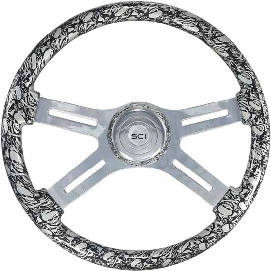 18 Inch Chrome 4 Spoke Silver Skull Printed Wood Steering Wheel Kit With Matching Bezel