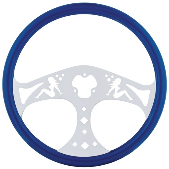 18 Inch Chrome 3 Spoke Lady Cutout Blue Wood Rim Steering Wheel Kit