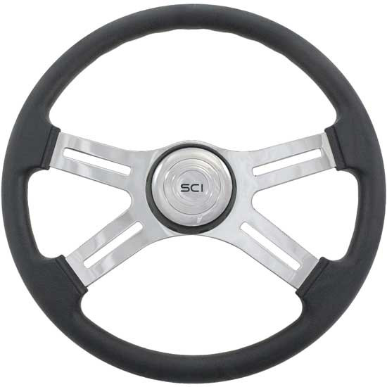 18 Inch Chrome 4 Spoke Black Poly Steering Wheel Kit With Black Bezel & Chrome Horn Button