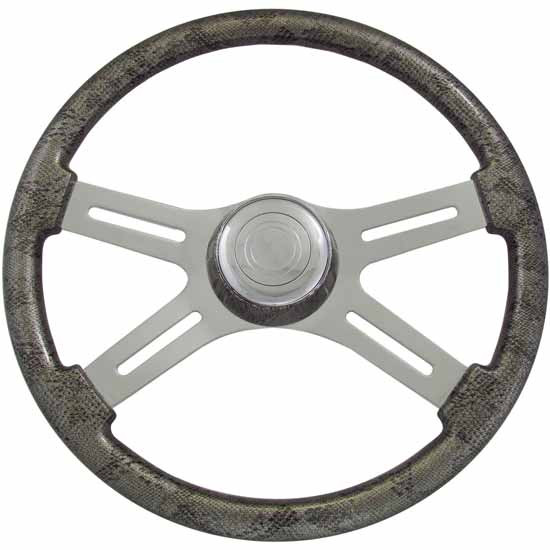 18 Inch Chrome 4 Spoke Gray Snake Skin Wood Steering Wheel Kit With Matching Bezel