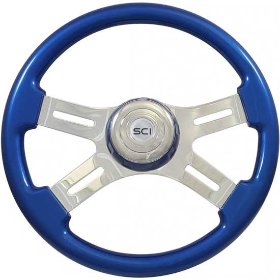16 Inch Chrome 4 Spoke Blue Painted Wood Steering Wheel Kit With Matching Bezel
