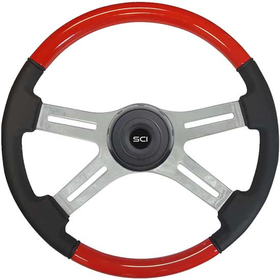 18 Inch Chrome 4 Spoke Viper Red Painted Wood & Black Leather Steering Wheel Kit With Black Horn Button