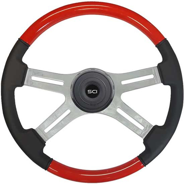 18 Inch Chrome 4 Spoke Viper Red Painted Wood & Black Leather Steering Wheel Kit With Black Horn Button