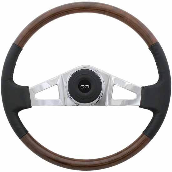 18 Inch Chrome 2 Spoke Black Leather & Burlwood Rim Steering Wheel Kit For Peterbilt 352 & 359