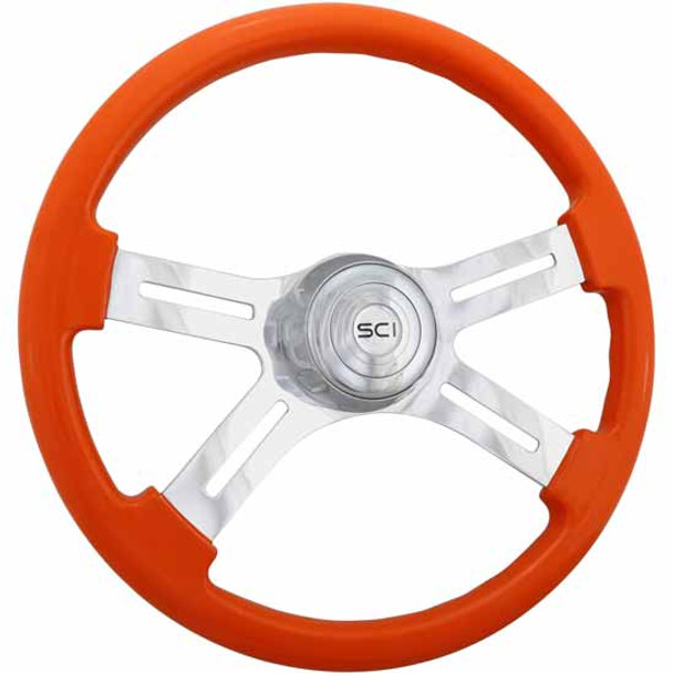 18 Inch 4 Polished Alum. Spoke Orange Painted Diesel Series Steering Wheel W/ SCI Chrome Horn Button