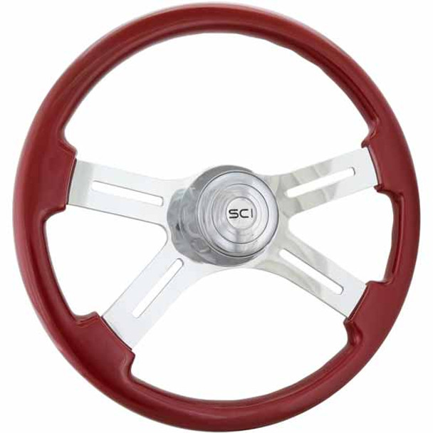 18 Inch 4 Polished Alum. Spoke Red Painted Diesel Series Steering Wheel W/ SCI Chrome Horn Button